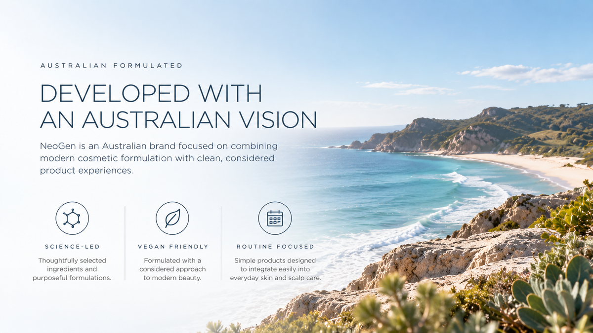 Promotional graphic for NeoGen Australian cosmetic formula, featuring a scenic coastal beach background with cliffs, ocean, and sandy shore. Large text reads 'DEVELOPED WITH AN AUSTRALIAN VISION' with smaller copy about NeoGen, and three feature icons and phrases along the bottom: 'SCIENCE-LED,' 'VEGAN FRIENDLY,' and 'ROUTINE FOCUSED.