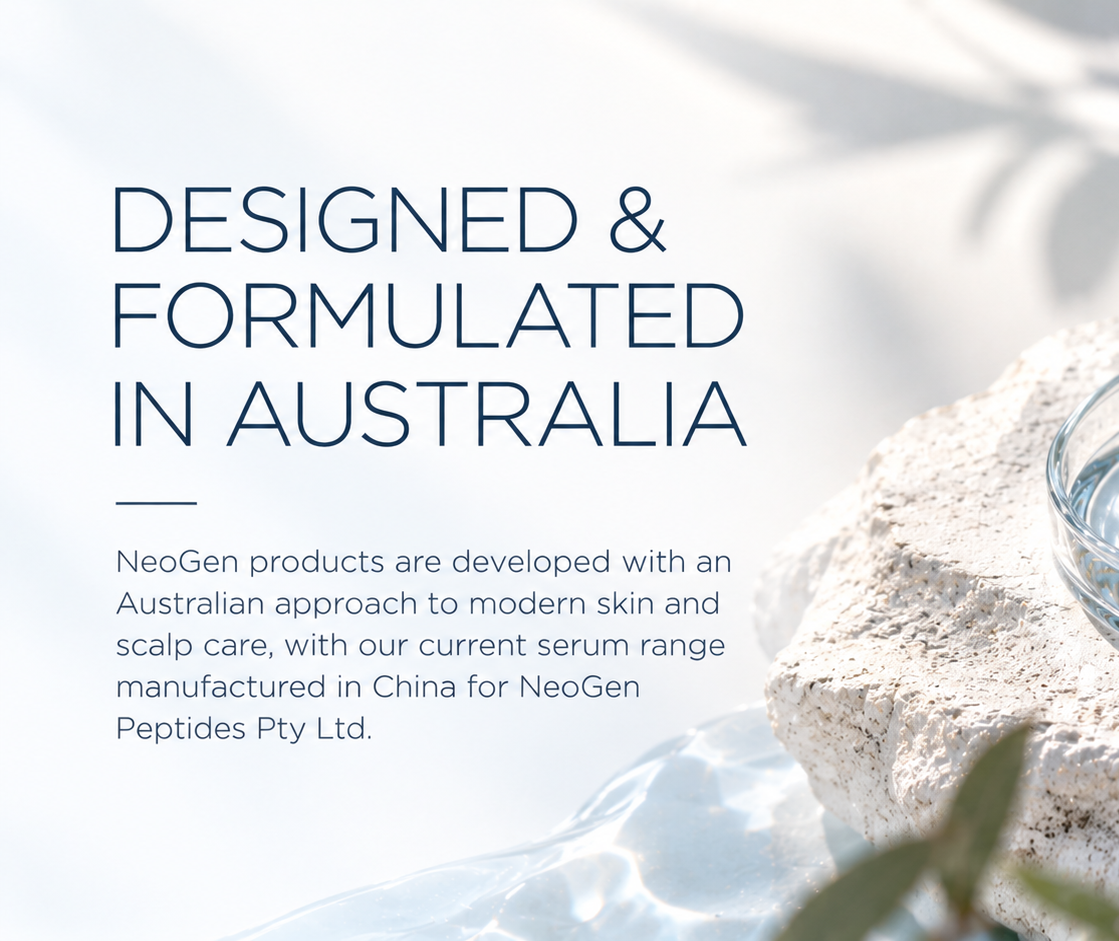 Promotional graphic with the text 'DESIGNED & FORMULATED IN AUSTRALIA' and a small paragraph about NeoGen products, styled with a clear glass bowl of water on a stone surface and green leaves against a bright white background.
