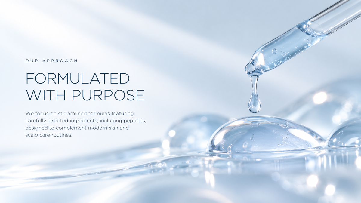 A close-up of a glass pipette dripping clear liquid onto a glossy surface, with large text on the left reading 'OUR APPROACH FORMULATED WITH PURPOSE' and smaller descriptive copy about formulated formulas for modern skin and scalp care routines.